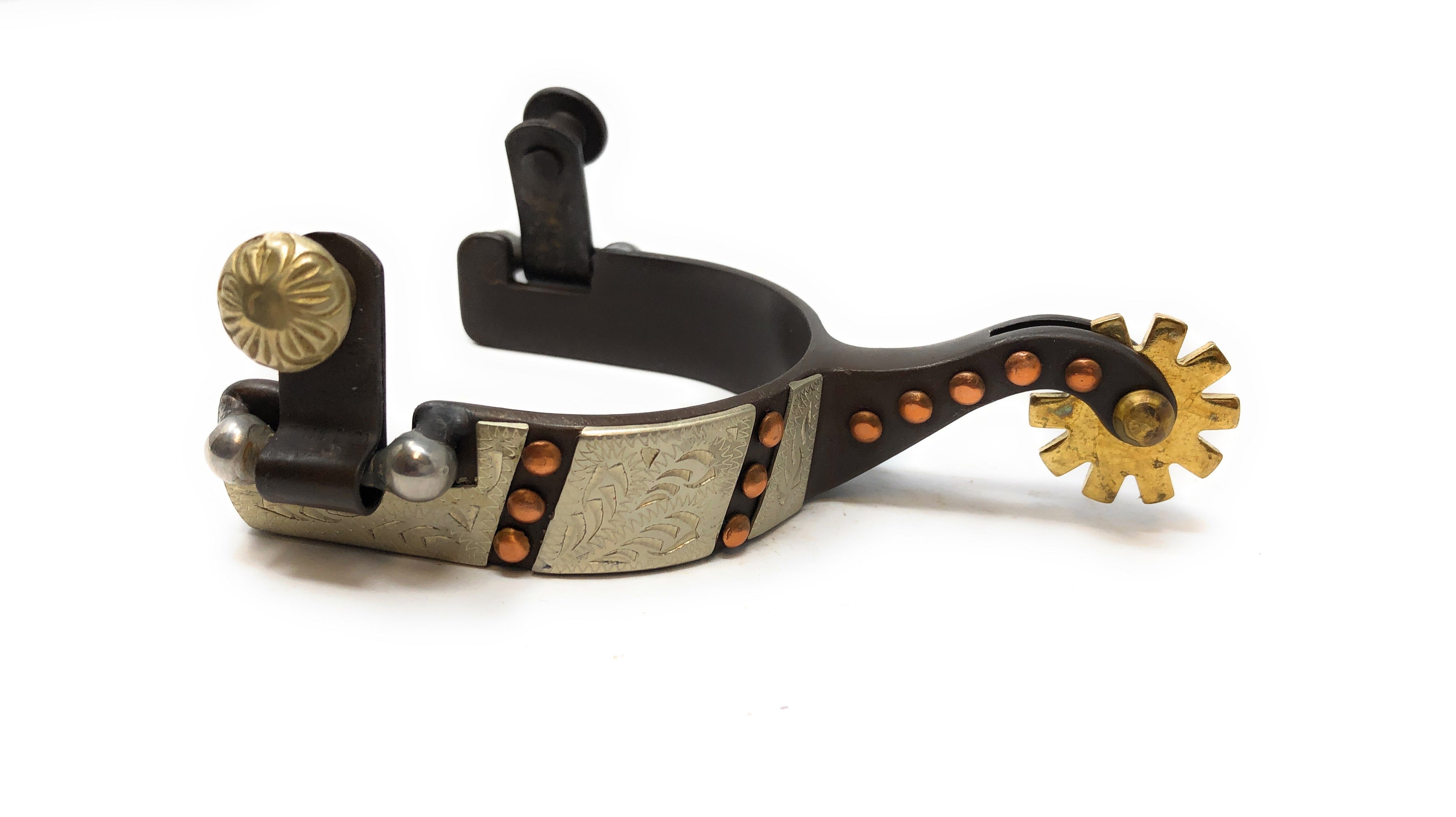 AJ Tack Youth Antique Brown Western Engraved Spurs with Copper Dots