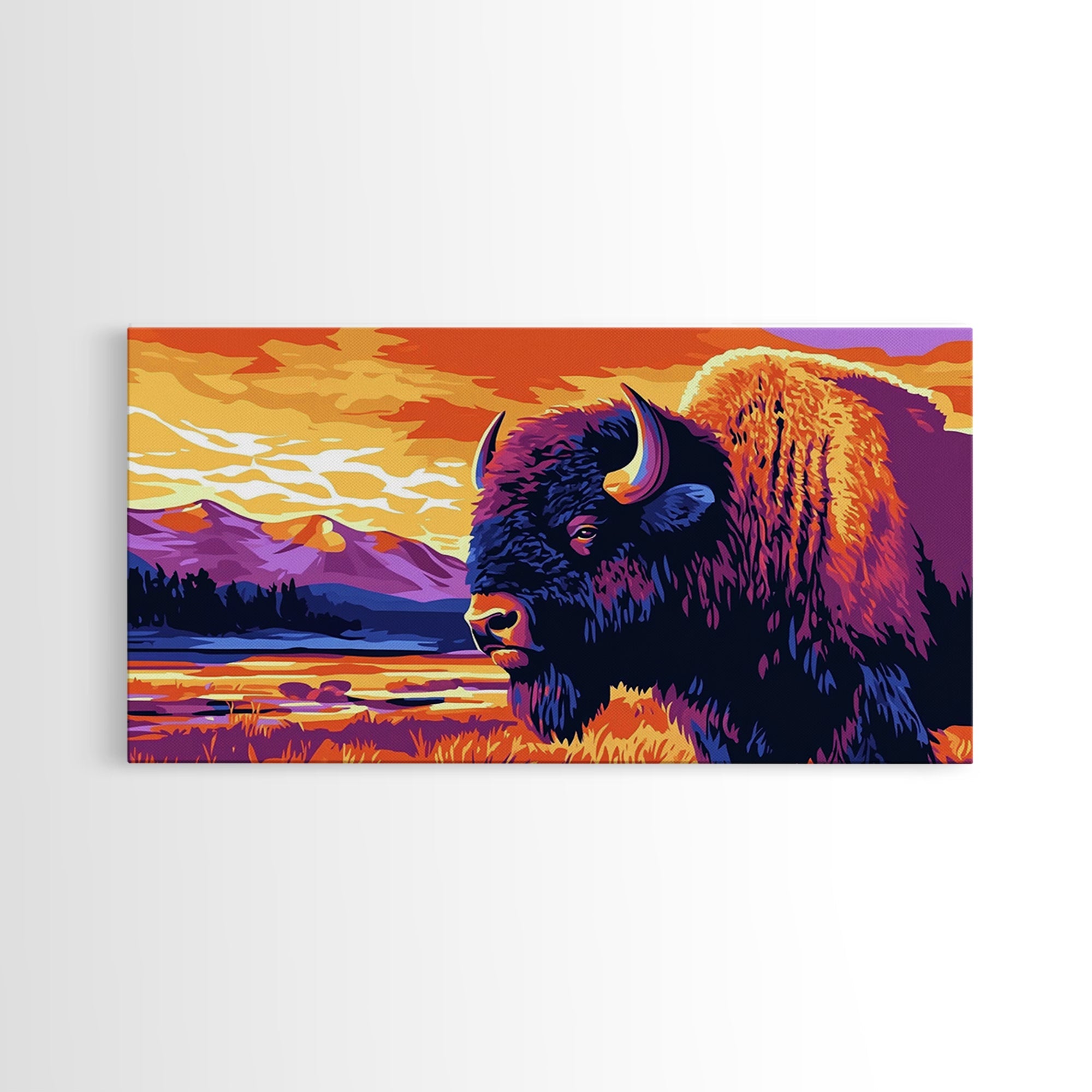 Bison, mountain scenery, rustic wildlife decor, western art, nature lover gift idea, farmhouse wall art, framed canvas print