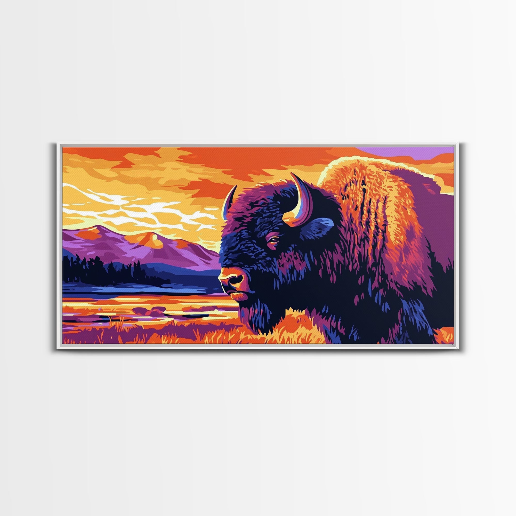 Bison, mountain scenery, rustic wildlife decor, western art, nature lover gift idea, farmhouse wall art, framed canvas print