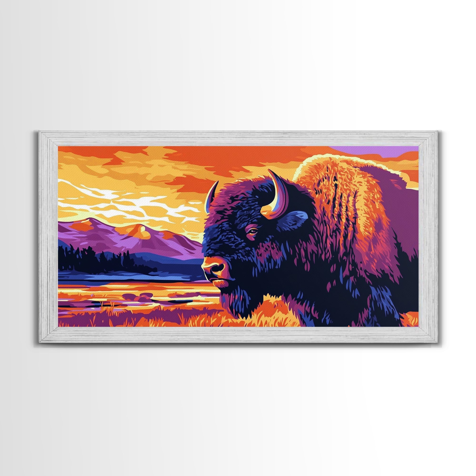 Bison, mountain scenery, rustic wildlife decor, western art, nature lover gift idea, farmhouse wall art, framed canvas print