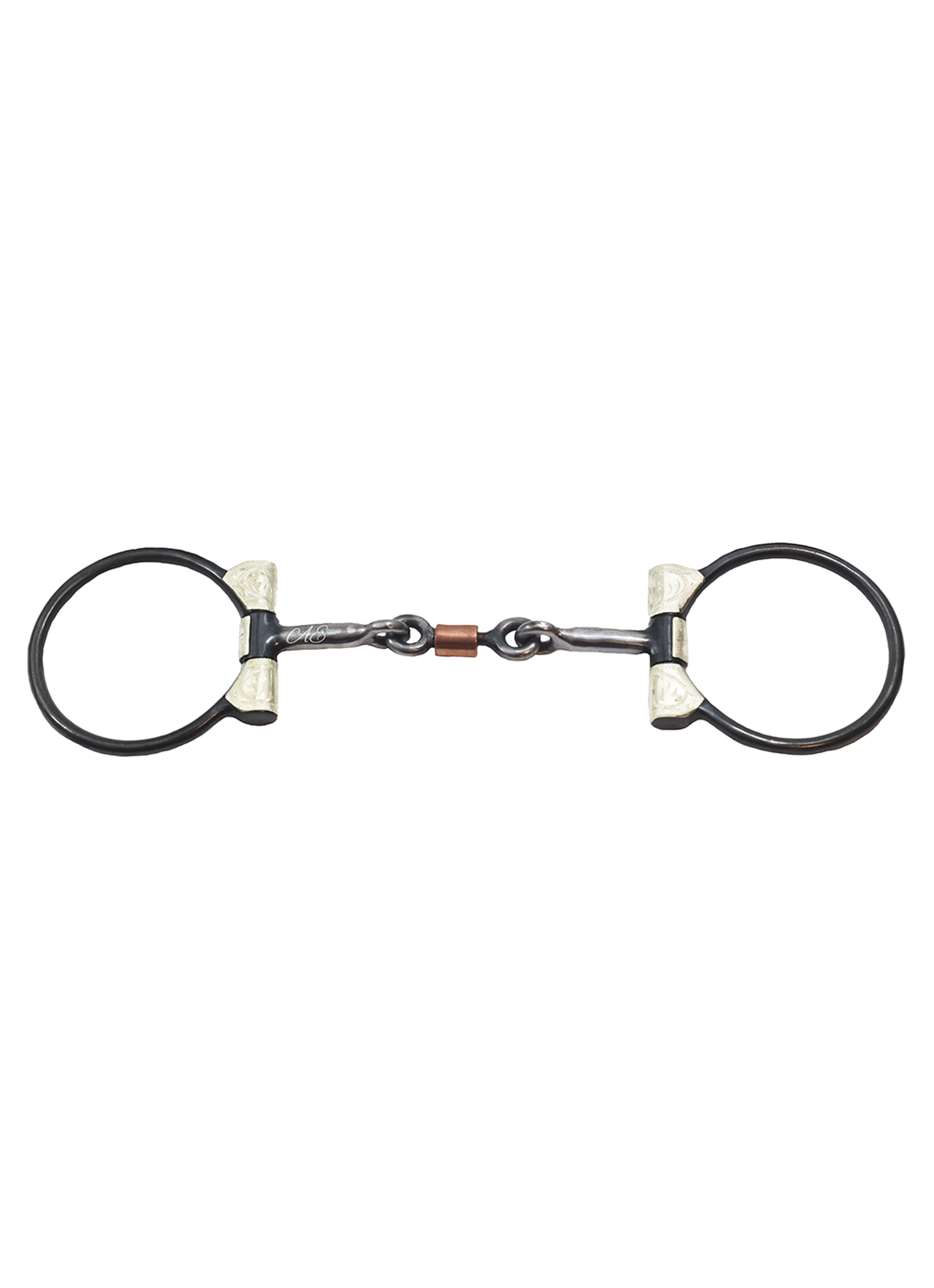 "California" Dogbone Roller Sweet Iron Dee Snaffle Bit w/Copper Inlay