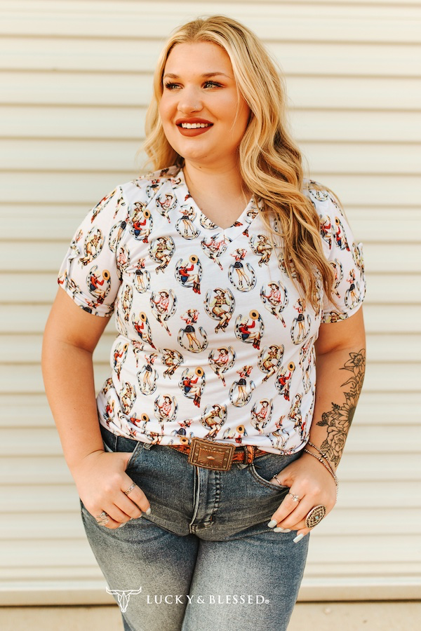 Lucky & Blessed Cowgirl Pinup Printed Roll Short Sleeve Top Plus Size