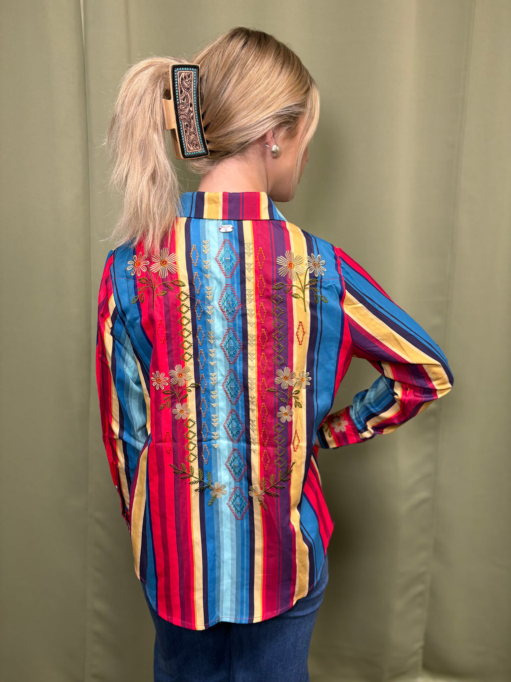 Red Turquoise Serape Pearl Snap Button Down Embroidered Top