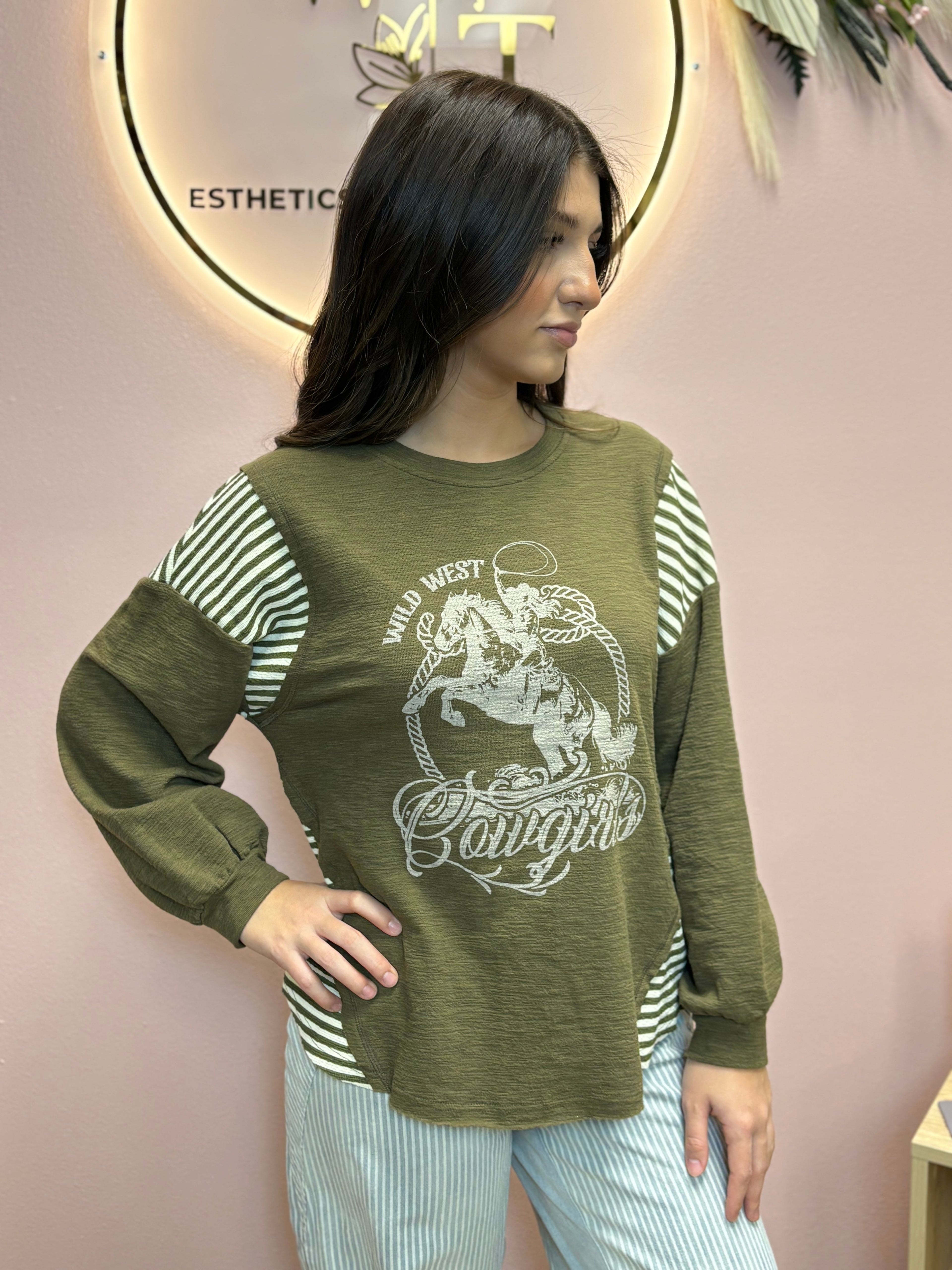 Wild West Cowgirls Graphic Knit Top - Taupe or Olive