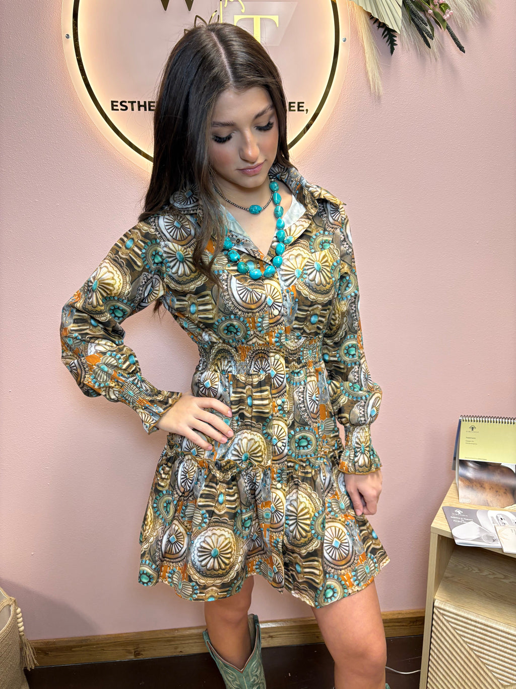 Concho Printed Collared Ruffle Button Down Dress