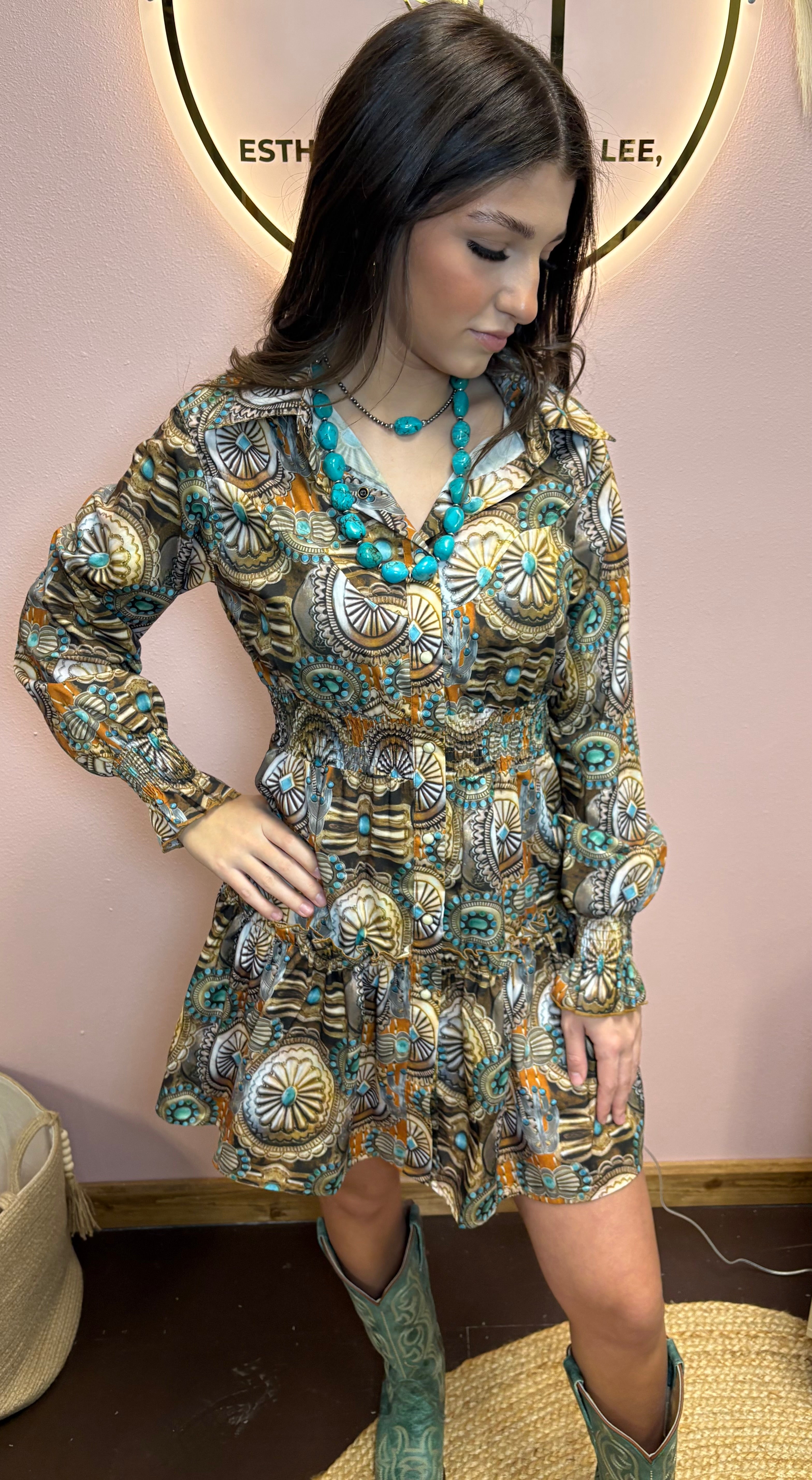 Concho Printed Collared Ruffle Button Down Dress