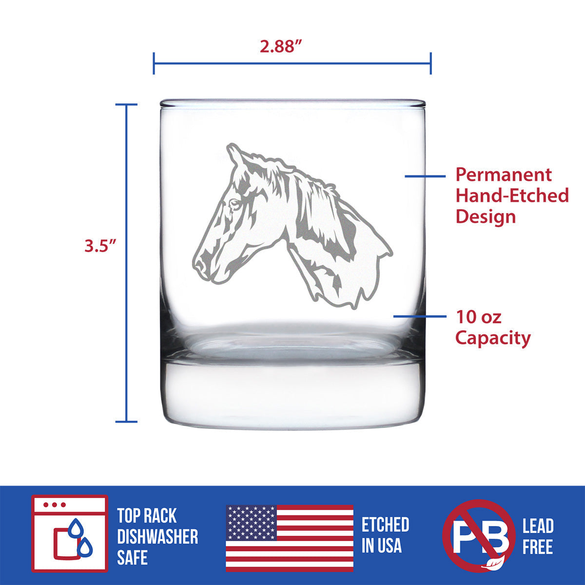 Horse Face Whiskey Rocks Glass - Western Themed Farm Decor and Gifts for Horseback Riders - 10.25 Oz Glasses