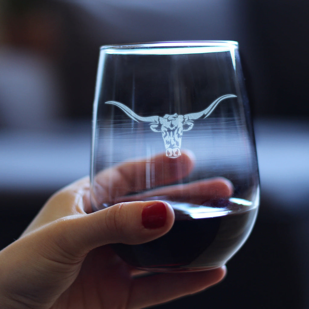 Longhorn Stemless Wine Glass - Western Themed Farm Decor and Gifts for Texan Ranchers - Large 17 Oz Glasses