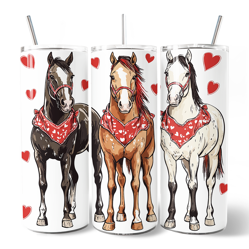 Valentine Horses Western Pattern 20oz Personalized Tumbler With Lid and Stainless Steel Straw, Cute Country Travel Mug Gift