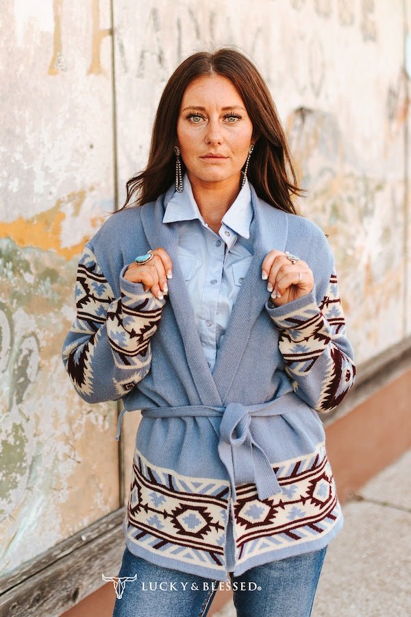 Blue Grey Aztec Knit Sweater Cardigan W Side Pockets