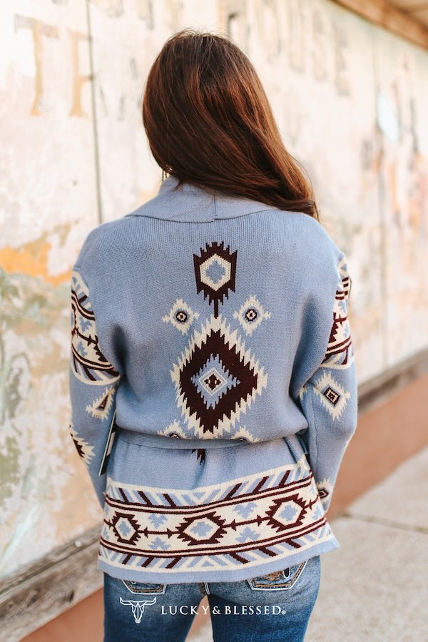 Blue Grey Aztec Knit Sweater Cardigan W Side Pockets
