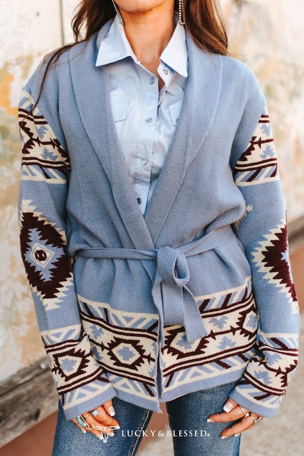 Blue Grey Aztec Knit Sweater Cardigan W Side Pockets