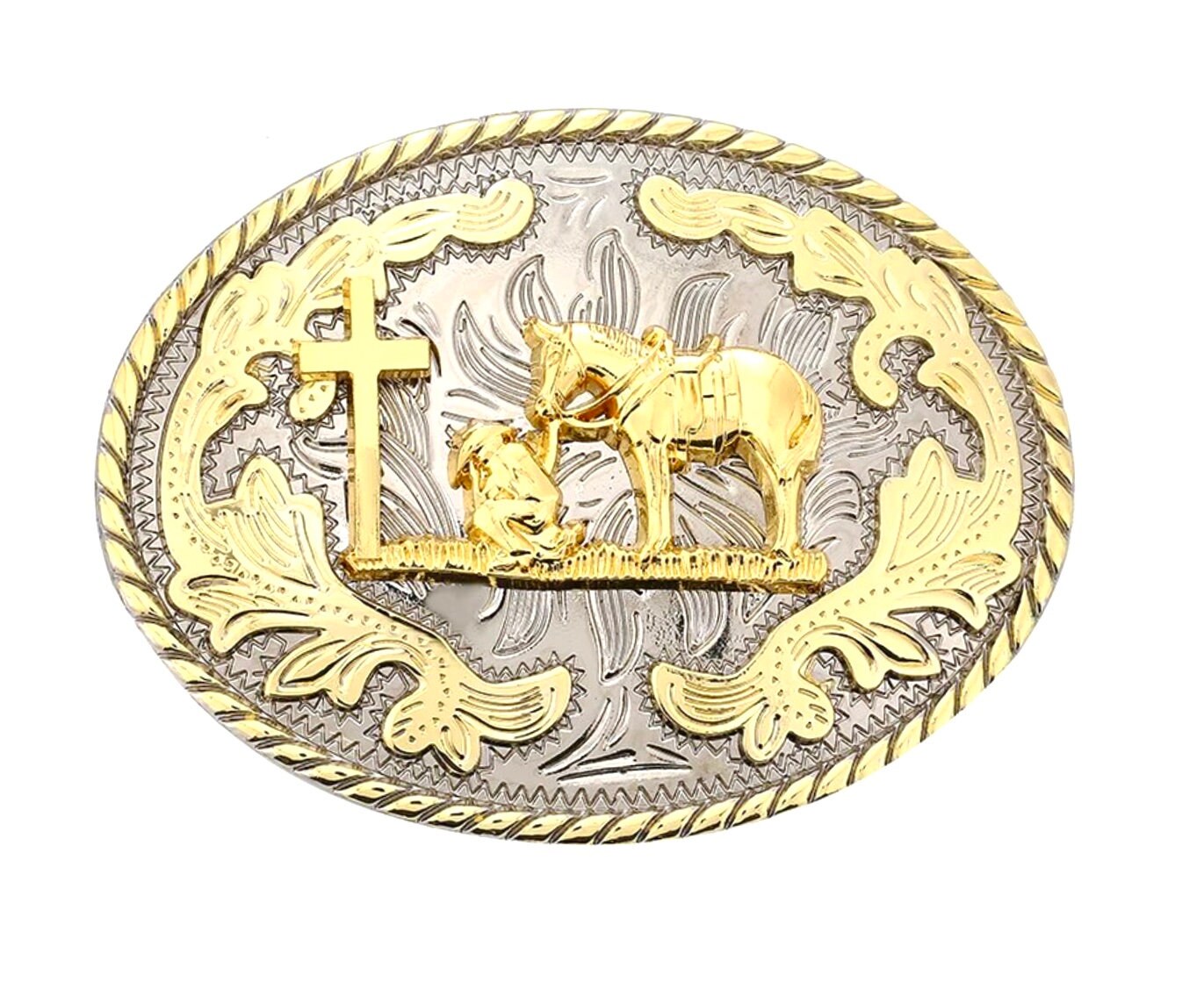 Western Cowboy Cross and Horse Belt Buckle crucifix silver gold Black cross suit tie Cord Square Dance Western wear Jesus
