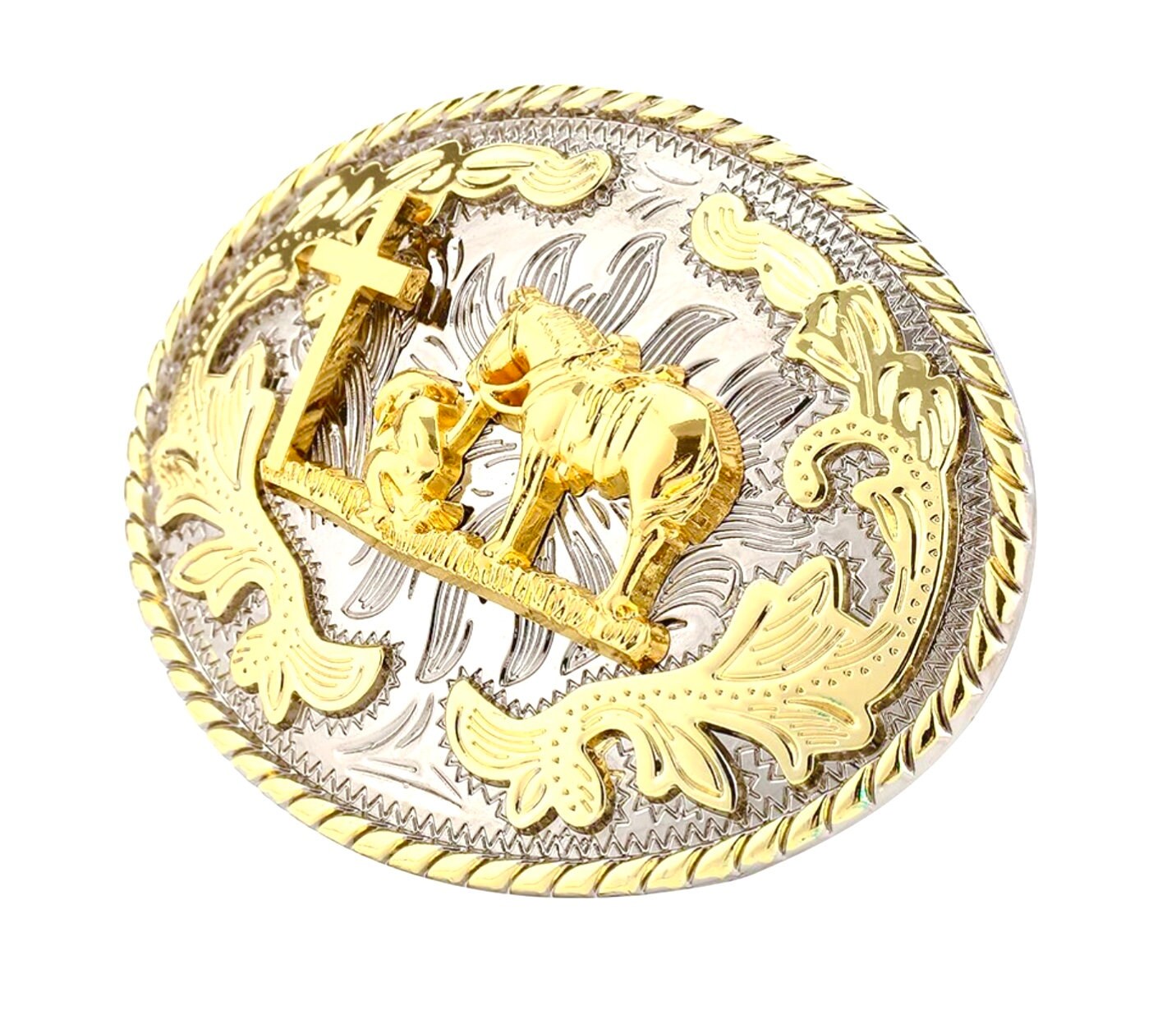 Western Cowboy Cross and Horse Belt Buckle crucifix silver gold Black cross suit tie Cord Square Dance Western wear Jesus