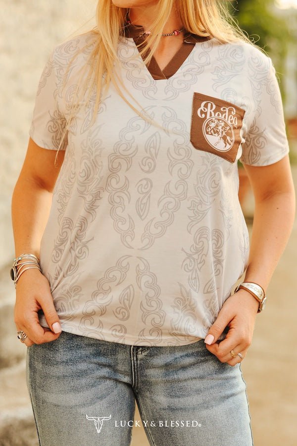 Ivory Brown Boot Stitch Rodeo Printed Stretch Top