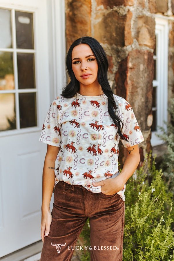 Ivory Cowboy & Horseshoe Printed Short Sleeve Front Pocket Tee