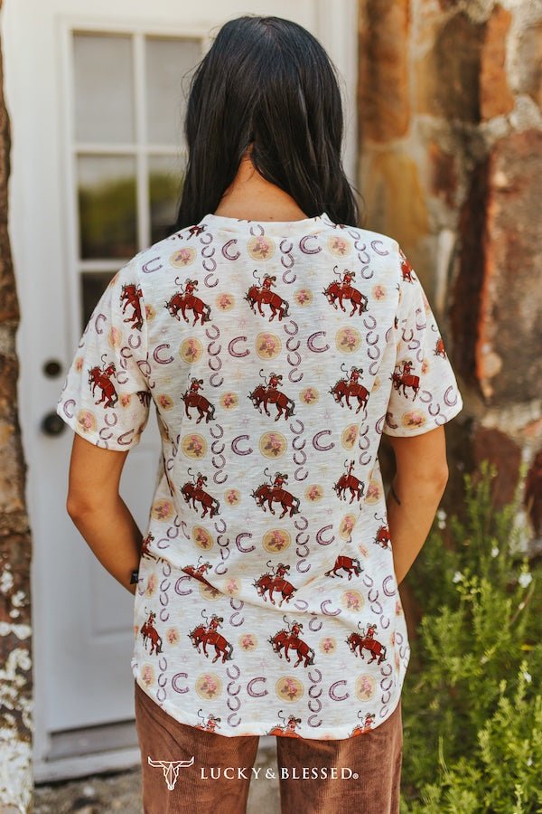 Ivory Cowboy & Horseshoe Printed Short Sleeve Front Pocket Tee
