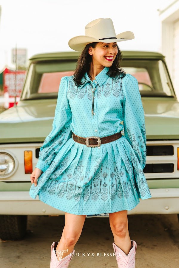 Jade Aztec Pearl Snap Button Down Pleated Dress