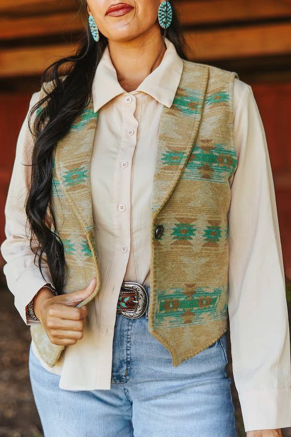 Jade Beige Aztec Wool Blend Concho Button Vest