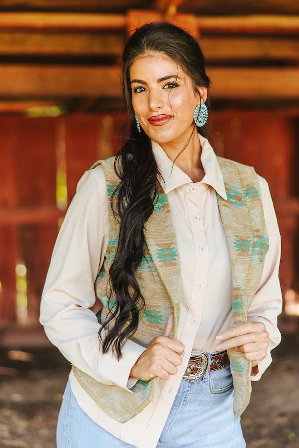 Jade Beige Aztec Wool Blend Concho Button Vest