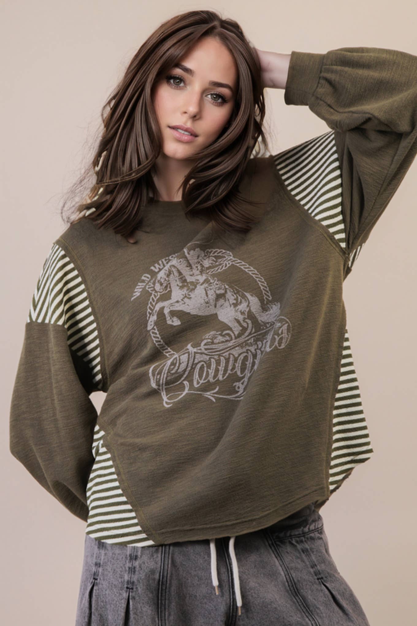Wild West Cowgirls Graphic Knit Top - Taupe or Olive