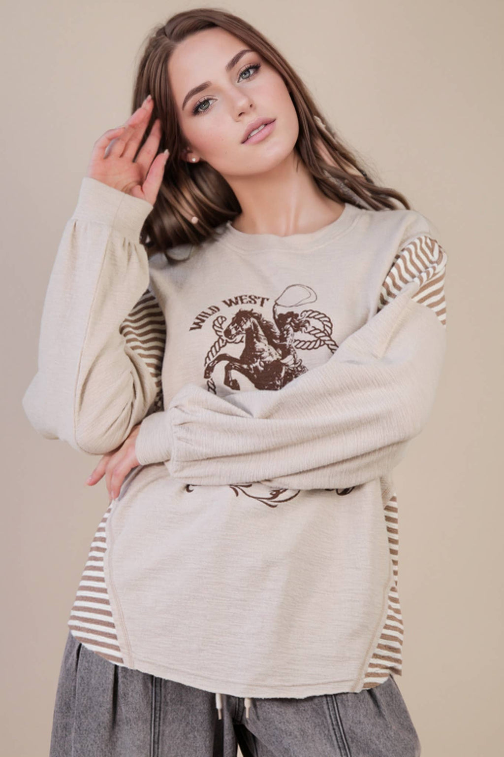 Wild West Cowgirls Graphic Knit Top - Taupe or Olive