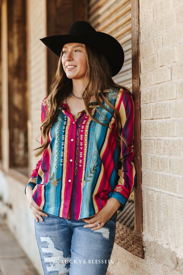 Red Turquoise Serape Pearl Snap Button Down Embroidered Top