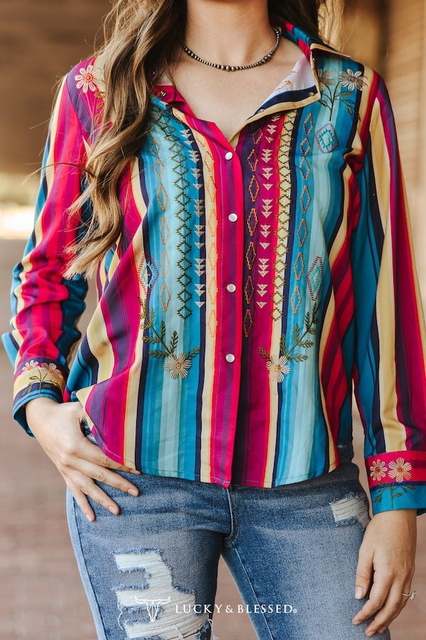 Red Turquoise Serape Pearl Snap Button Down Embroidered Top