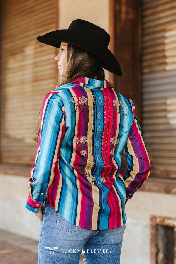 Red Turquoise Serape Pearl Snap Button Down Embroidered Top