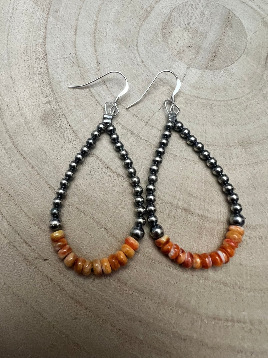 Sterling Silver Pearl & Orange Spiny Oyster Teardrop Earrings - 2 1/2 inch drop