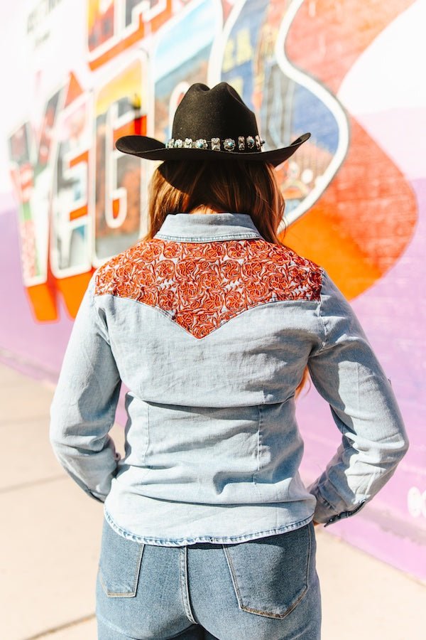 Stone Wash Red Yoke Denim Button Down Shirt
