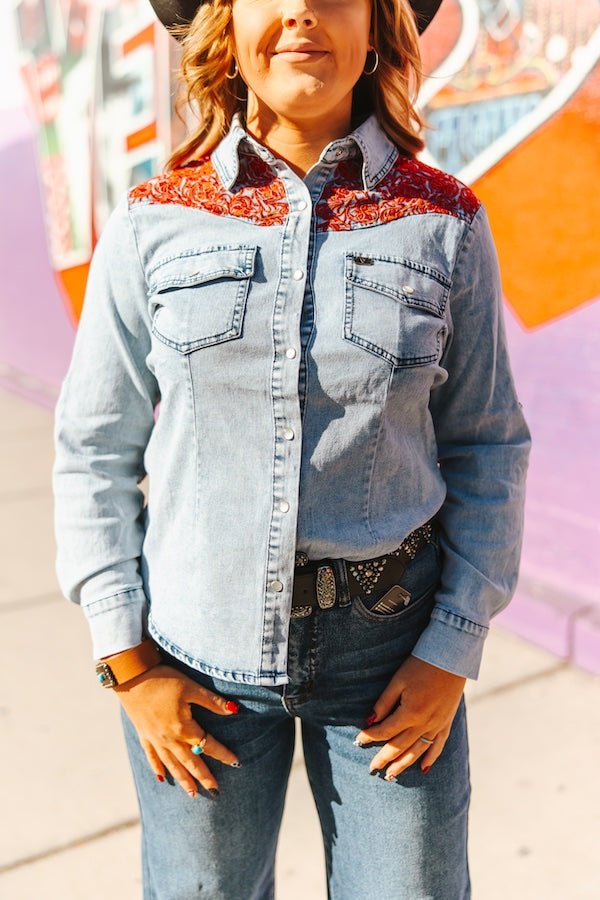 Stone Wash Red Yoke Denim Button Down Shirt