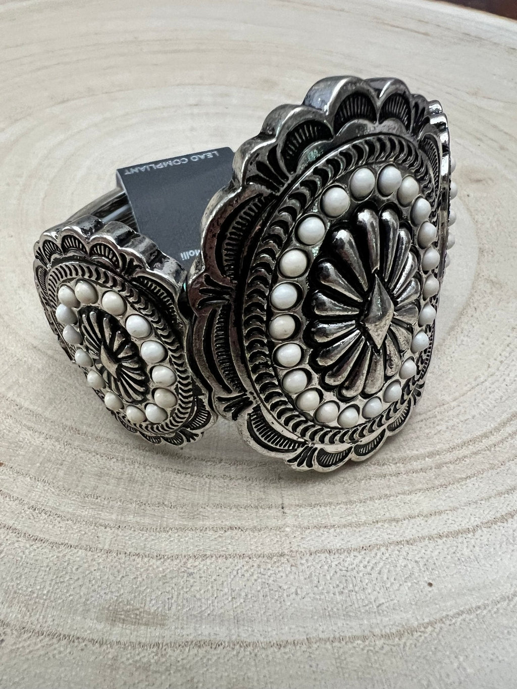 Western Concho and White Stone Faux Wide Statement Stretch Bracelet