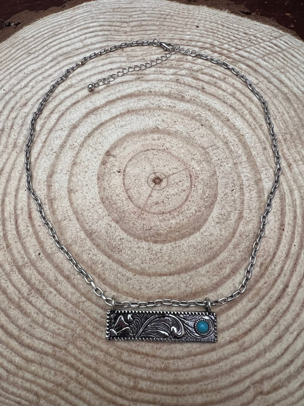 Western Faux Tooled Bar Necklace with Faux Turquoise - 18 inch + 3
