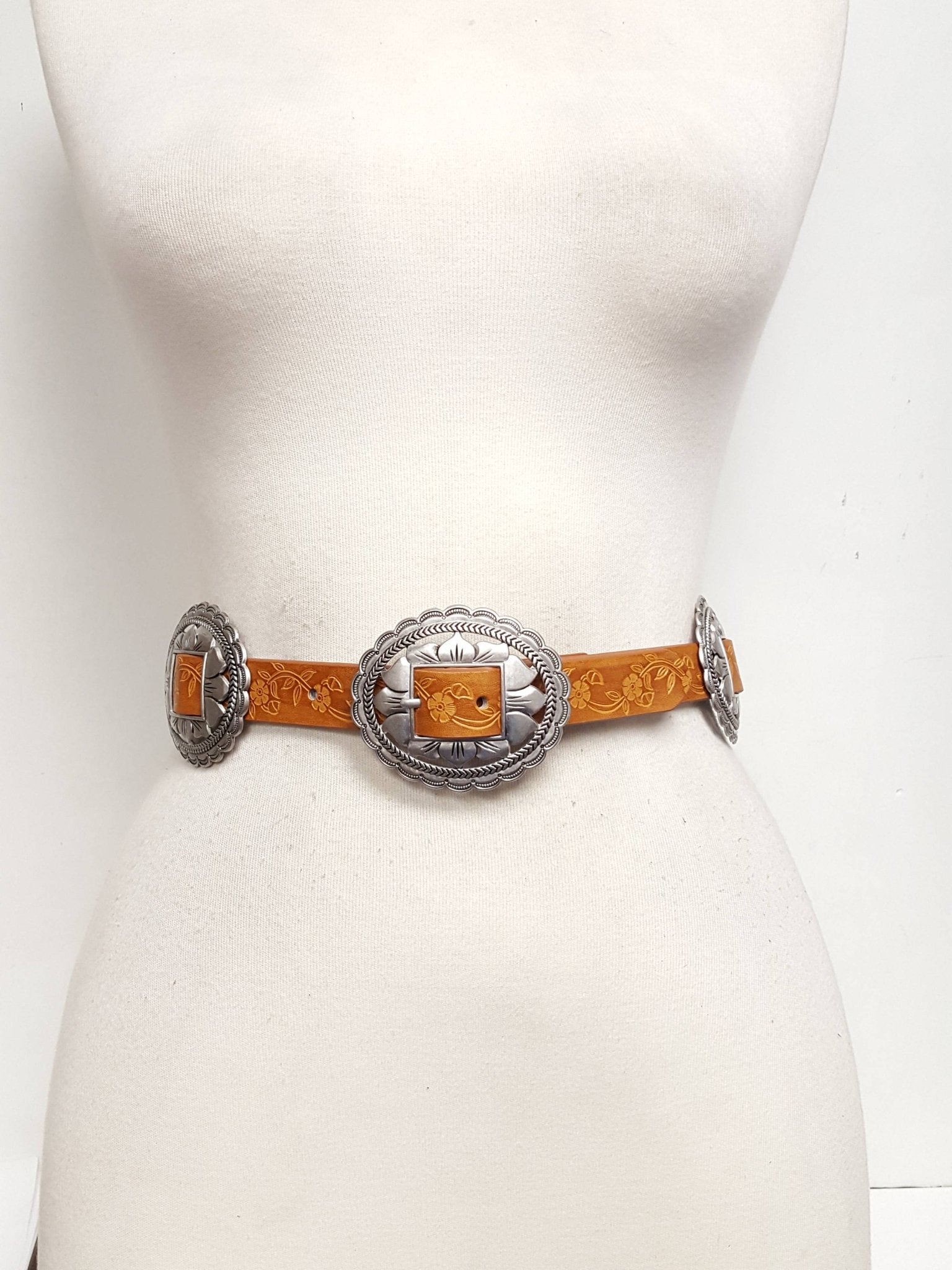 Western Oval Floral Concho Belt hand painted tooled belt