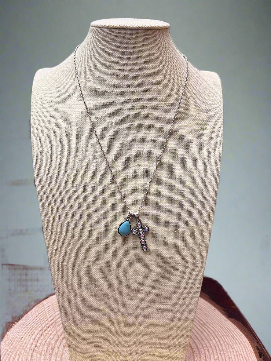 Western Rhinestone Cross and Faux Turquoise Dangle Necklace - 18 inch + 3