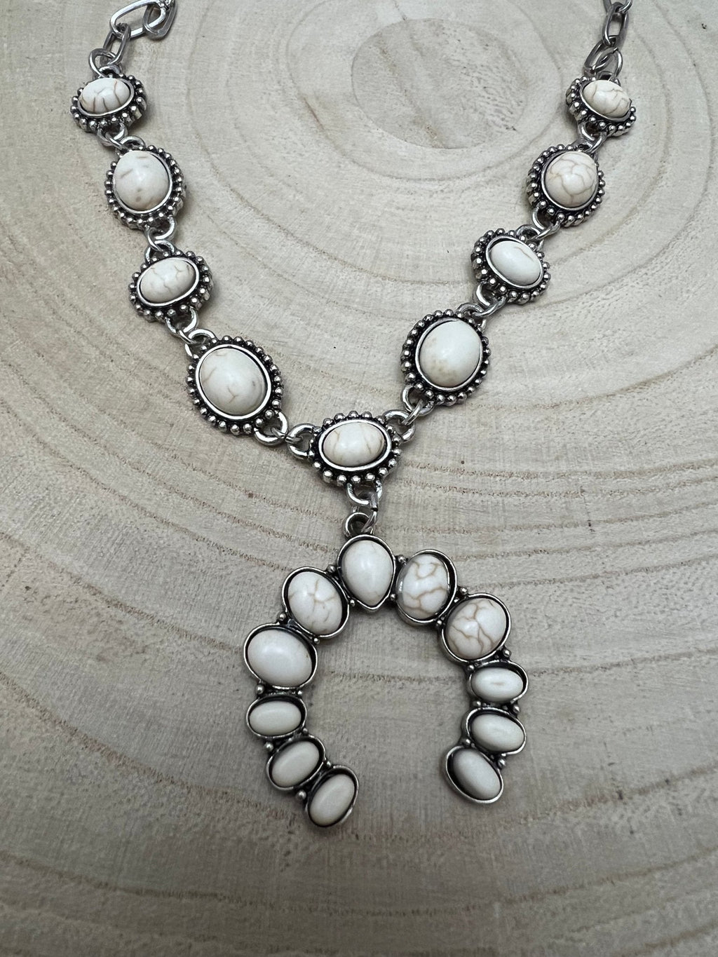 White Stone Faux Squash Blossom Necklace - 16 inch + 3